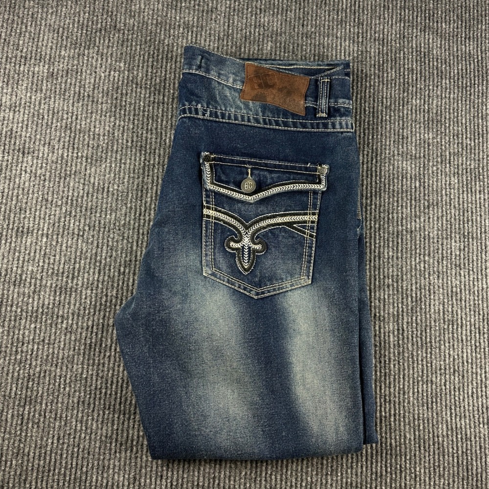 Blue Cult Denim Mens Straight Leg Jeans Dark Wash Embroidered Flap Pockets 38x30